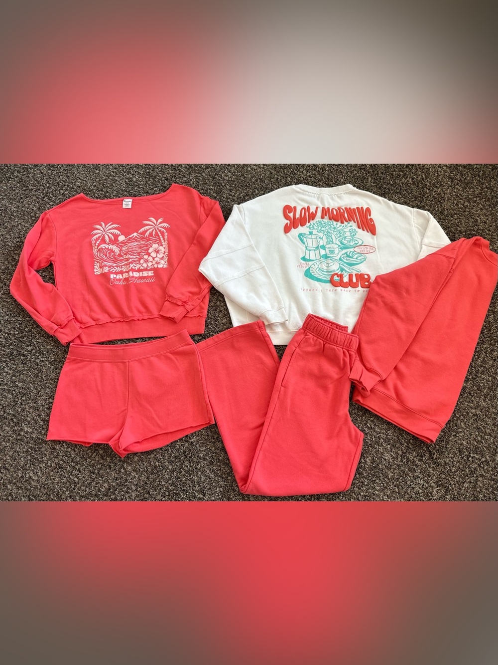 women’s Coral Sweatpants & Shorts Set with White Graphic Pullover